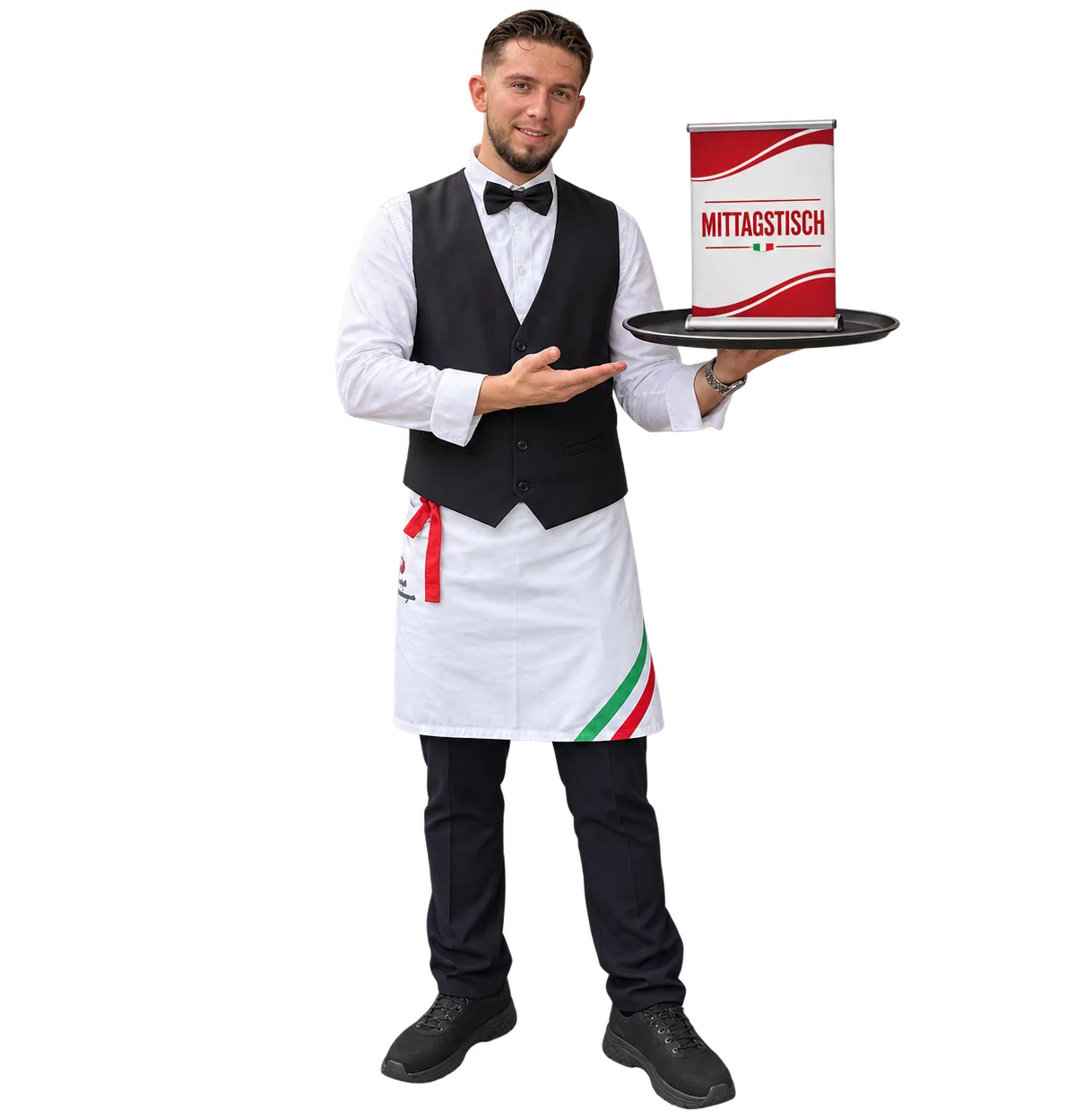 Kellner der Casa Michelangelo mit Tablett und Schild Mittagstisch