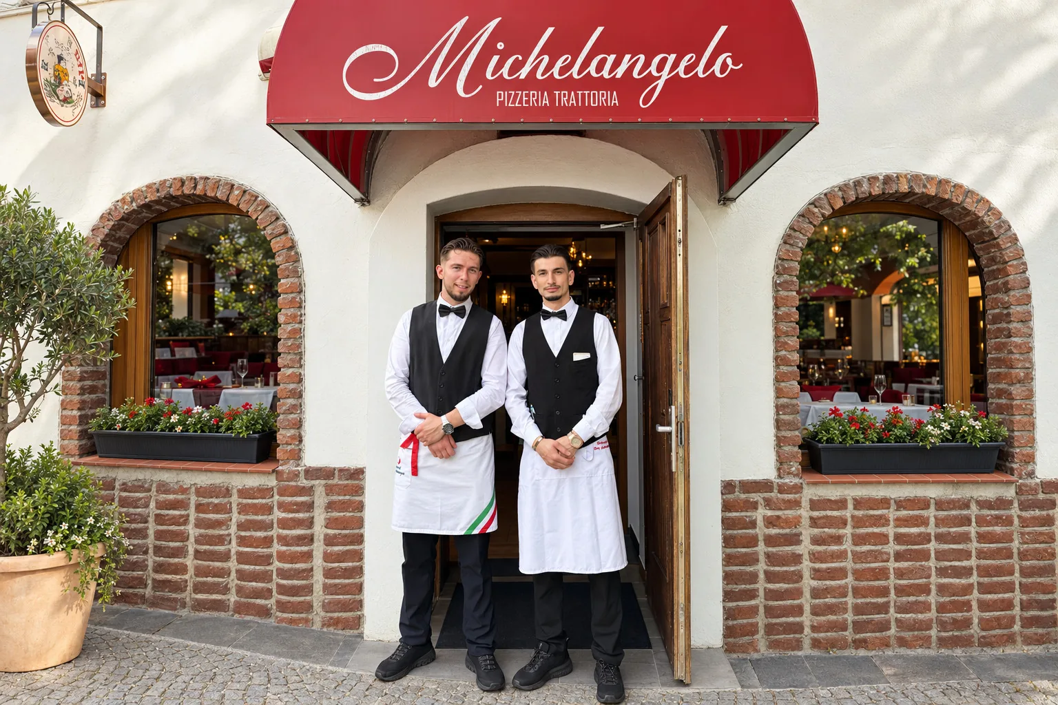 Zwei Kellner der Casa Michelangelo am Eingang